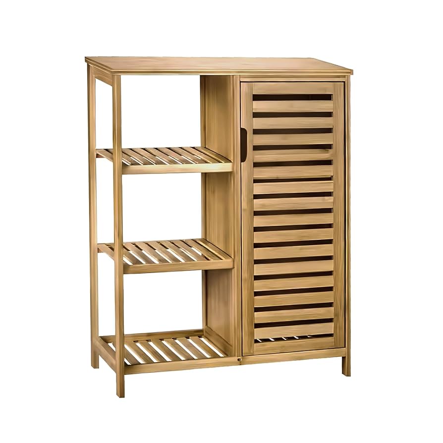 Badrumsskåp bambu badrumshylla med 3 hyllor och 1 skåpdörr 87 x 66 x 33 cm naturlig