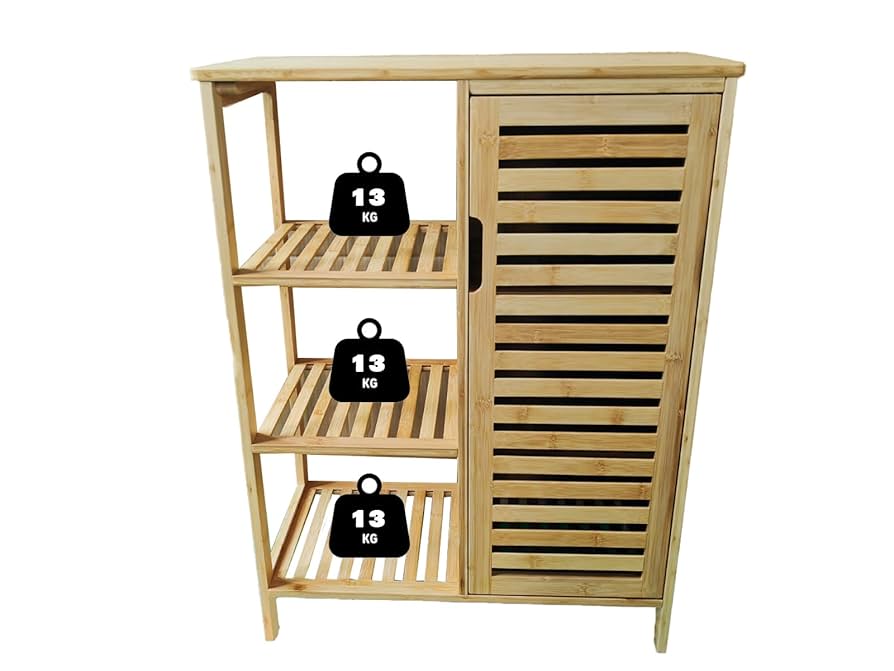 Badrumsskåp bambu badrumshylla med 3 hyllor och 1 skåpdörr 87 x 66 x 33 cm naturlig