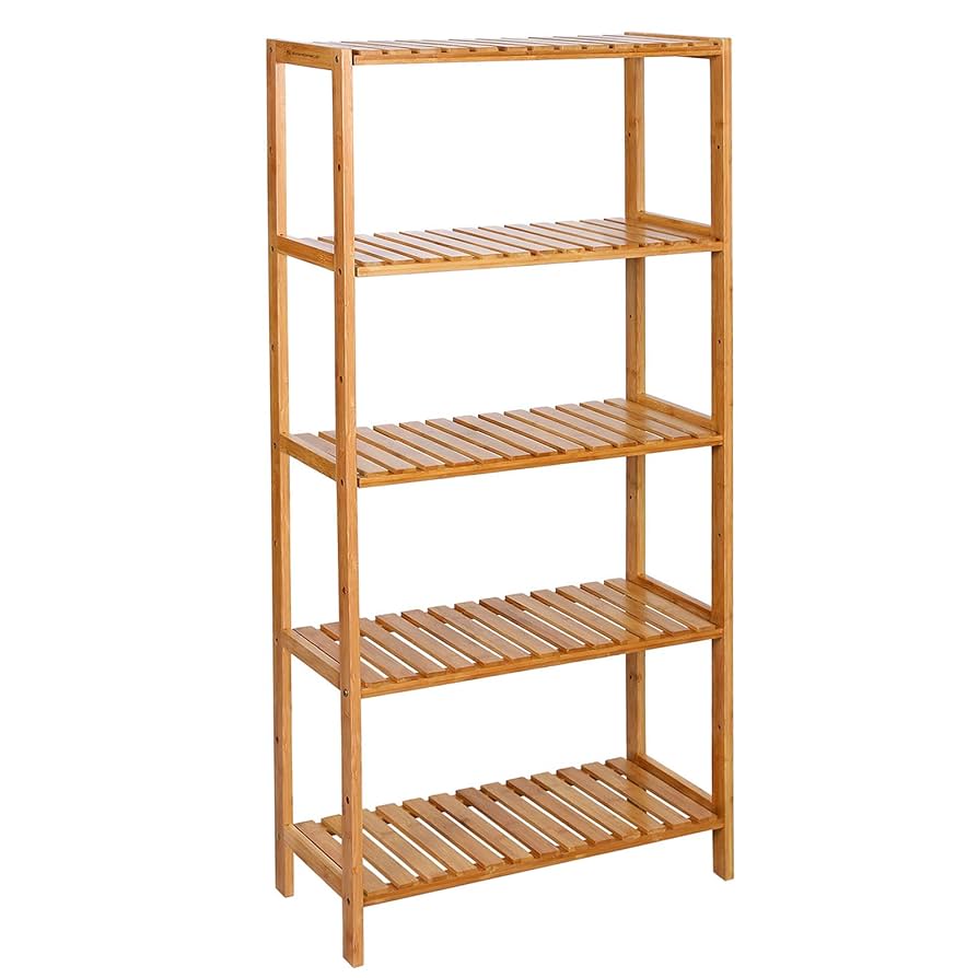 Badrumshylla med 5 nivåer, tillverkad av bambu, kökshylla, justerbar i 9 steg, multifunktionell stående hylla, i vardagsrummet, hall, 132 x 30 x 9,5 cm, natur BCB35Y