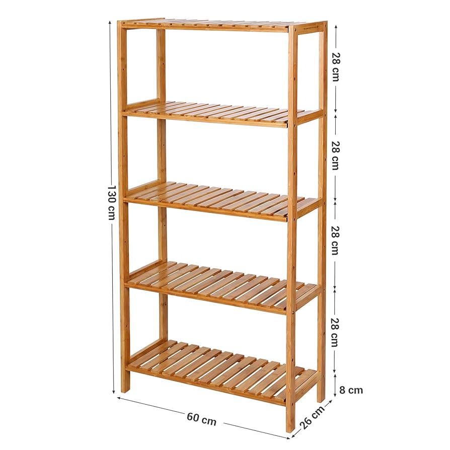 Badrumshylla med 5 nivåer, tillverkad av bambu, kökshylla, justerbar i 9 steg, multifunktionell stående hylla, i vardagsrummet, hall, 132 x 30 x 9,5 cm, natur BCB35Y