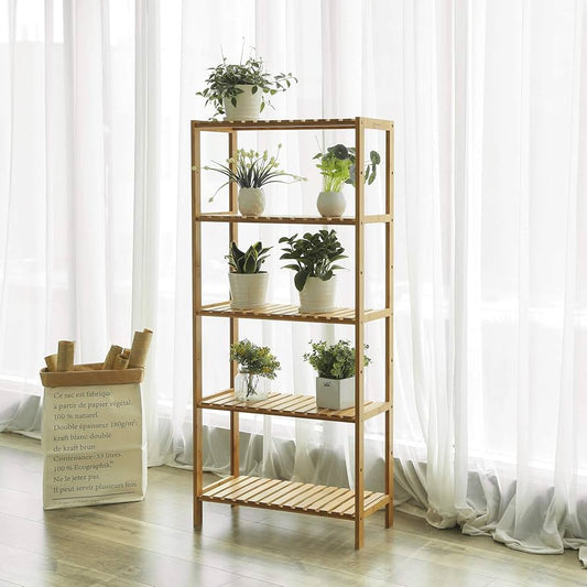 Badrumshylla med 5 nivåer, tillverkad av bambu, kökshylla, justerbar i 9 steg, multifunktionell stående hylla, i vardagsrummet, hall, 132 x 30 x 9,5 cm, natur BCB35Y